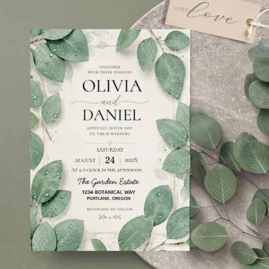 Sage Green Eucalyptus Dewdrop Botanical Leaves 招待状