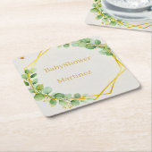 Sage Green Eucalyptus Gold Baby Shower Coasters スクエアペーパーコースター (アングル)