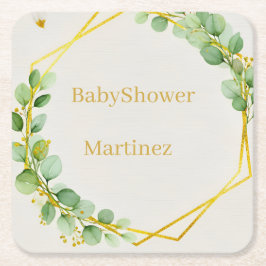 Sage Green Eucalyptus Gold Baby Shower Coasters スクエアペーパーコースター