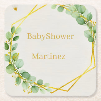 Sage Green Eucalyptus Gold Baby Shower Coasters スクエアペーパーコースター