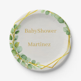 Sage Green Eucalyptus Gold Baby Shower Paper Plate ペーパープレート