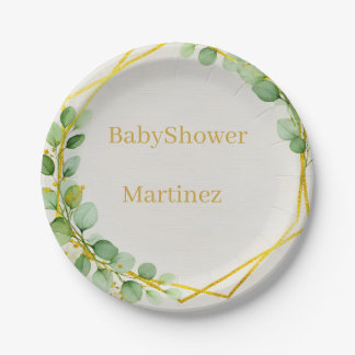 Sage Green Eucalyptus Gold Baby Shower Paper Plate ペーパープレート