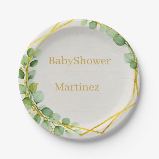 Sage Green Eucalyptus Gold Baby Shower Paper Plate ペーパープレート (正面)
