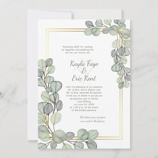 Sage Green Eucalyptus Gold Frame Wedding 招待状 (正面)