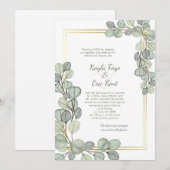 Sage Green Eucalyptus Gold Frame Wedding 招待状 (正面/裏面)
