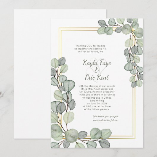 Sage Green Eucalyptus Gold Frame Wedding 招待状 (正面/裏面)