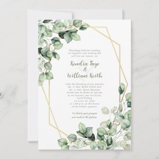 Sage Green Eucalyptus Gold Geometric Wedding 招待状 (正面)