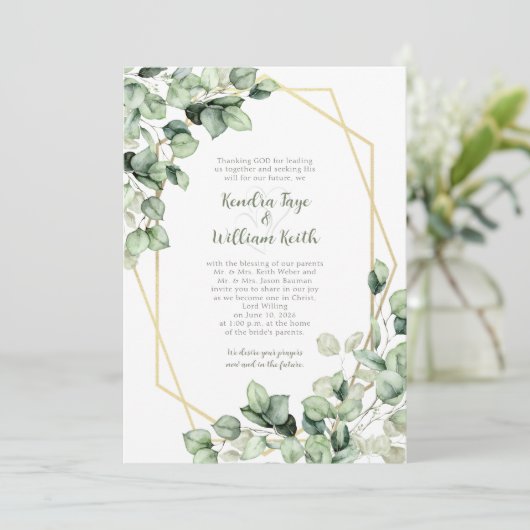 Sage Green Eucalyptus Gold Geometric Wedding 招待状 (スタンド正面)