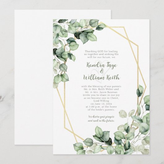 Sage Green Eucalyptus Gold Geometric Wedding 招待状 (正面/裏面)