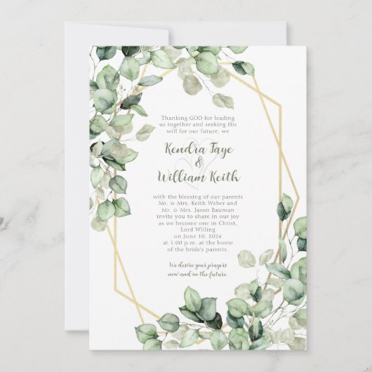 Sage Green Eucalyptus Gold Geometric Wedding 招待状 (正面)
