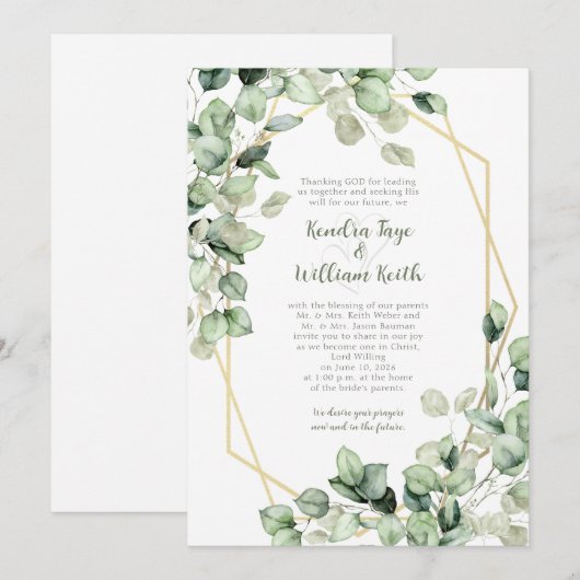 Sage Green Eucalyptus Gold Geometric Wedding 招待状 (正面/裏面)