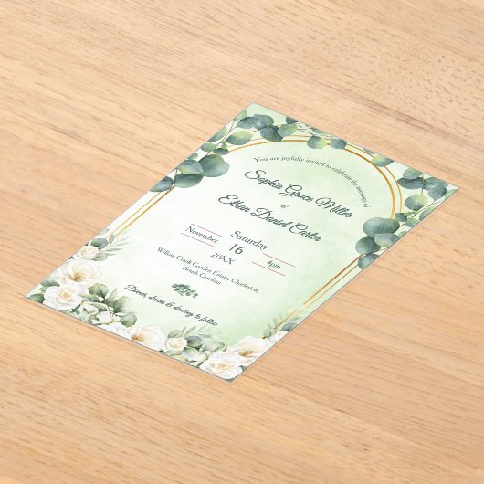 Sage Green Eucalyptus Green Botanical Wedding アクリル招待状 (レイダウン)