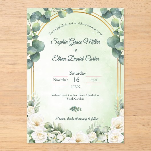 Sage Green Eucalyptus Green Botanical Wedding アクリル招待状 (正面)