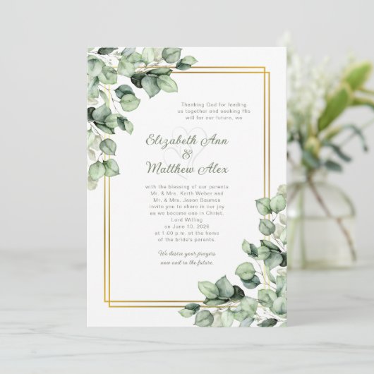 Sage Green Eucalyptus Greenery Gold Frame Wedding 招待状 (スタンド正面)