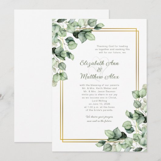 Sage Green Eucalyptus Greenery Gold Frame Wedding 招待状 (正面/裏面)