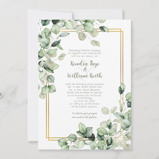 Sage Green Eucalyptus Leaves Gold Frame Wedding 招待状 (正面)