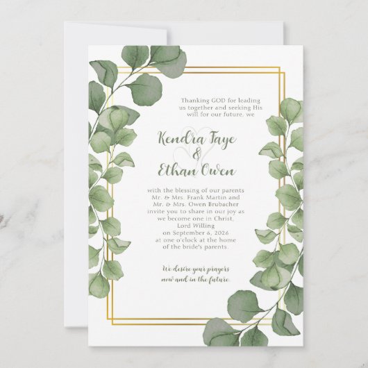 Sage Green Eucalyptus Leaves Gold Frame Wedding 招待状 (正面)
