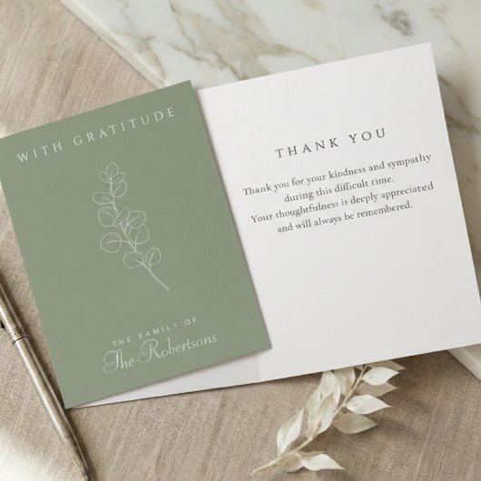 Sage Green Eucalyptus Minimalist Funeral Thank You カード