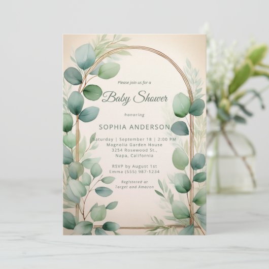 Sage Green Eucalyptus Neutral Baby Shower 招待状 (スタンド正面)