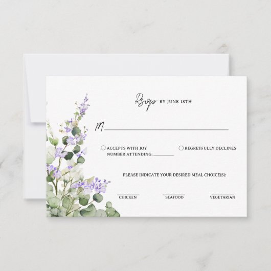 Sage Green Eucalyptus RSVP Card with Lilac Florals (正面)