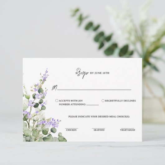 Sage Green Eucalyptus RSVP Card with Lilac Florals (スタンド正面)