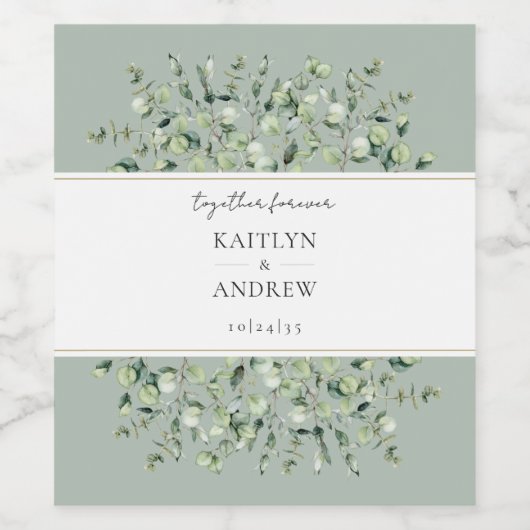 Sage Green Eucalyptus Together Forever Wedding ワインラベル (シングルラベル)