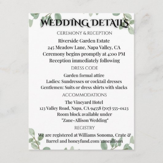 Sage Green Eucalyptus Wedding Info Card エンクロージャーカード (正面)