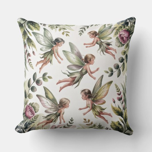 Sage Green Fairycore Botanical Throw Pillow クッション (正面)