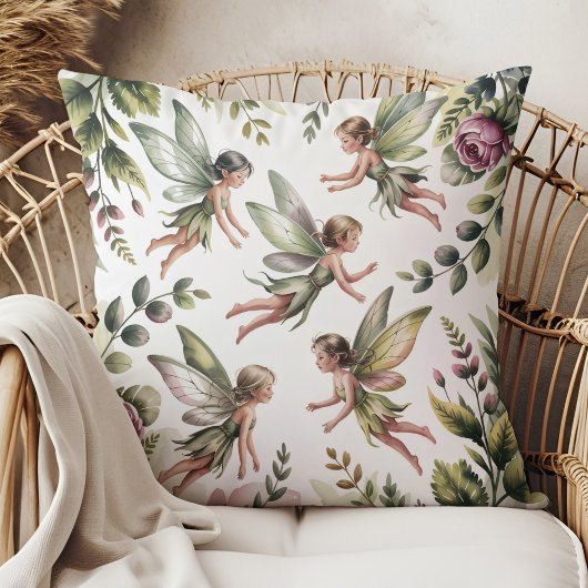Sage Green Fairycore Botanical Throw Pillow クッション
