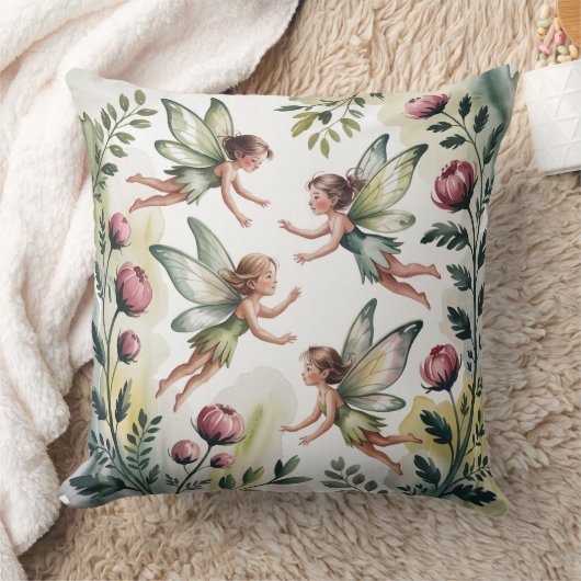 Sage Green Fairycore Floral Throw Pillow クッション (ブランケット)