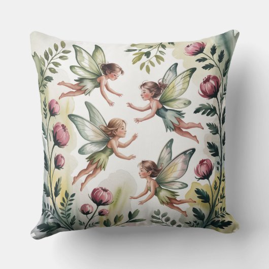 Sage Green Fairycore Floral Throw Pillow クッション (裏面)
