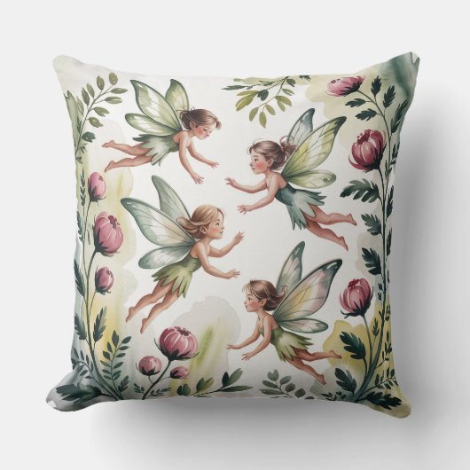 Sage Green Fairycore Floral Throw Pillow クッション (正面)