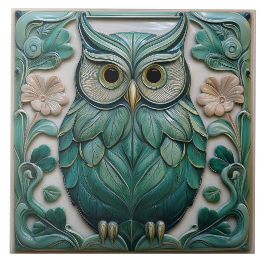 Sage green faux relief Art Nouveau Owl タイル (正面)