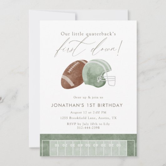 Sage Green First Down Football First Birthday 招待状 (正面)