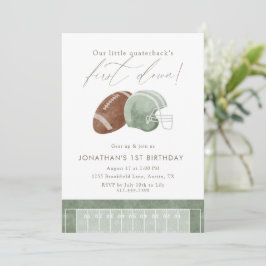 Sage Green First Down Football First Birthday 招待状