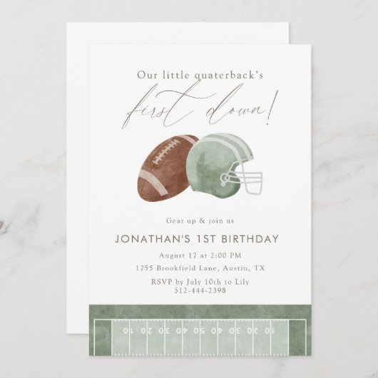 Sage Green First Down Football First Birthday 招待状 (正面/裏面)