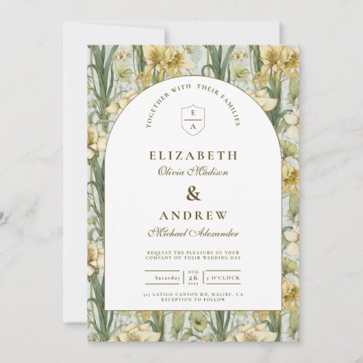 Sage Green Floral Arch Wedding 招待状 (正面)