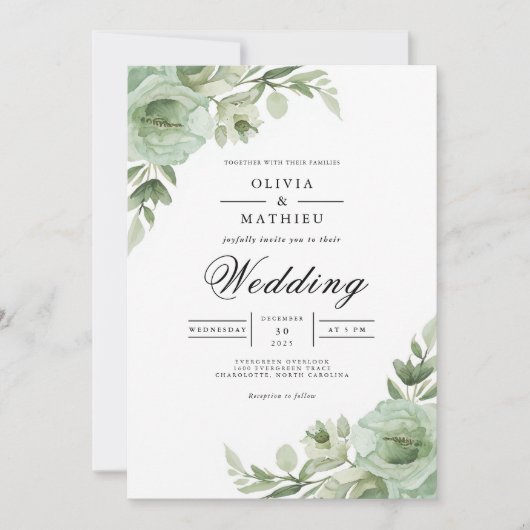 Sage Green Floral Arch Wedding 招待状 (正面)