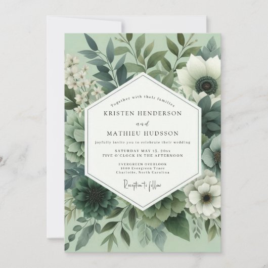 Sage Green Floral Bloom Wedding 招待状 (正面)