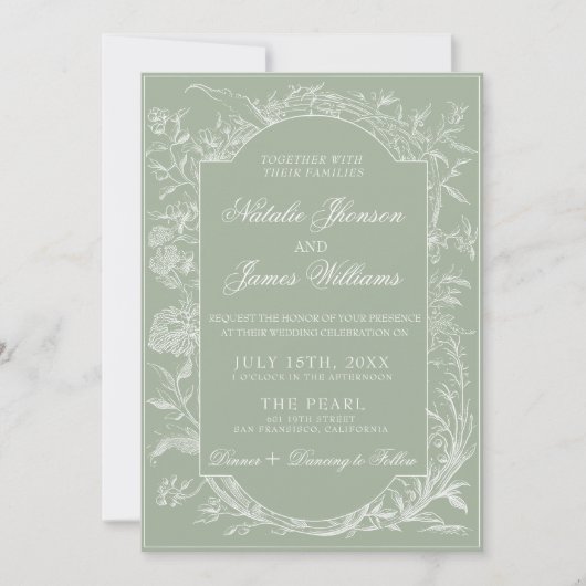  Sage Green Floral Boho Botanical QR Code Wedding 招待状 (正面)