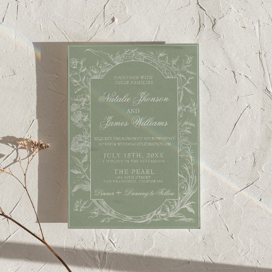  Sage Green Floral Boho Botanical QR Code Wedding 招待状