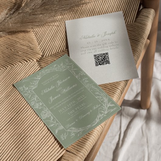  Sage Green Floral Boho Botanical QR Code Wedding 招待状