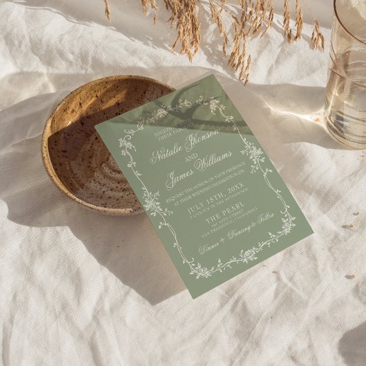 Sage Green Floral Boho Botanical QR Code Wedding 招待状