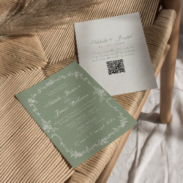 Sage Green Floral Boho Botanical QR Code Wedding 招待状