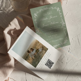 Sage Green Floral Boho Chic Photo QR Code Wedding 招待状