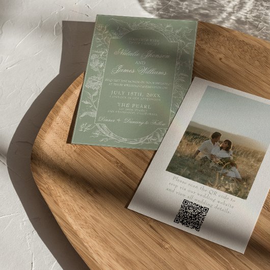  Sage Green Floral Boho QR Code Photo Wedding 招待状