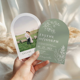 Sage Green Floral Botanical Arched Modern Wedding 招待状