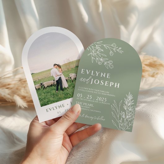 Sage Green Floral Botanical Arched Modern Wedding 招待状