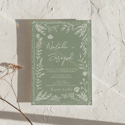 Sage Green Floral Botanical Boho QR Code Wedding 招待状
