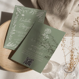 Sage Green Floral Botanical Boho QR Code Wedding 招待状